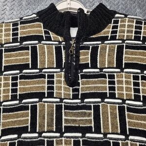 Vintage Geometric 1/4 Zip Sweater Men's M Thick Knit Black Tan 90s Style